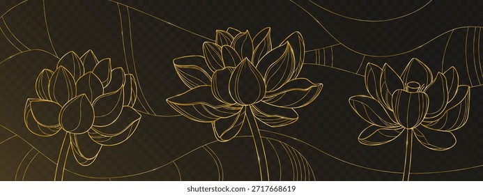 Padrão de linha de lótus dourado sobre fundo preto transparente. Vetor ilustração realista de design floral sem costura com flores de lírio de água, papel de parede elegante, cartão de saudação ou decoração de banner de spa