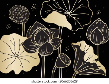 Golden lotus luxury background. Golden design with lotus flower and leaves on white background. Vector illustration.	
