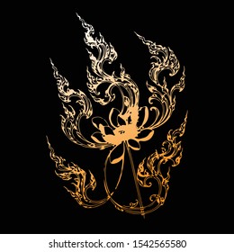 Golden lotus on black background Folk and Vector Printing Design