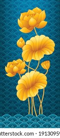 Golden lotus painting on water background. Interior decoration.Graphic vector