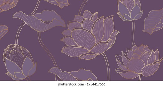 Golden lotus purple background vector  Tropical flower design  Lotus leaves line arts for wallpape  packaging  covers  vector illustration 