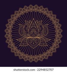 Golden lotus template in Indian style. Lotus mandala. yoga logo. Boho print, poster, t-shirt textile. Isolated round outline vector illustration.