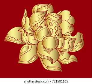 Golden lotus vector for tattoo design on red background.Traditional Japanese culture for printing and coloring book on background.