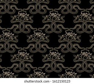  Golden lotuses and snakes on a black background. Seamless geometric pattern.Vector texture in oriental style.