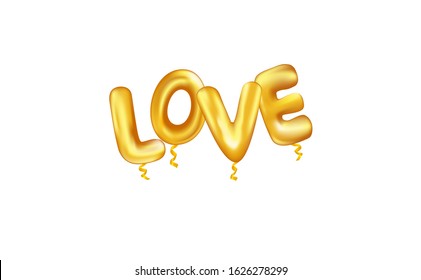 Golden love balloon lettering on white background. Concept for valentine’s day greeting card template, banner, postcard or surprise sale voucher in vector illustration
