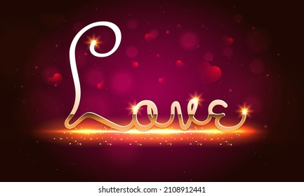 Golden Love Font With Light Effect And Hearts On Red Bokeh Background For Happy Valentine's Day Concept.