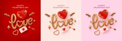 Golden Love Lettering And Calligraphy With Cute Heart,ribbon,arrow And Golden Twinkle Star On Red,pink And Cream Background.Valentine's Day Template Or Background For Love And Valentine's Day