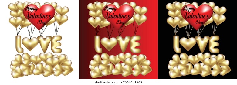 Golden Love lettering and calligraphy with cute heart,ribbon,arrow and golden twinkle star on red,pink and cream background.Valentine's day template or background for Love and Valentine's day