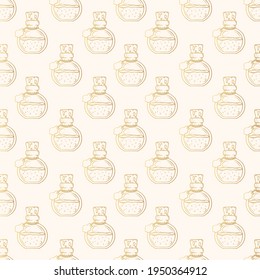 Golden Love potion seamless pattern. Vector isolated background with gold elixir for witchcraft.