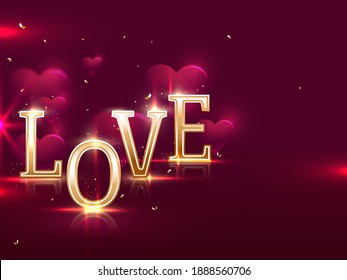 Golden Love Text With Lights Effect And Hearts Decorated On Maroon Background.