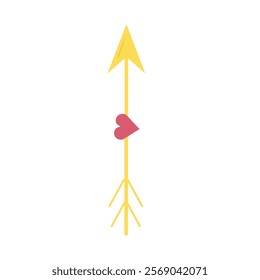 Golden lovely cupid arrow with heart isolated on white background. Happy Valentine's day greeting card design. Hand drawn vector illustration in flat style. Concept of love, date, relations, symbol