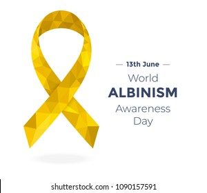 Golden low poly albino awareness ribbon, devoted to World Albinism Awareness Day isolated on white. Vector illustration for banners, flyers and cards.