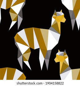 Golden low poly alpaca pattern in trendy style on light background. Abstract geometric background. Logo design template. Polygonal vector illustration. Decorative symbol. Trendy design for any purpose