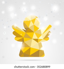 Golden low poly angel with snowflakes on the bokeh background. Eps 10 vector file.