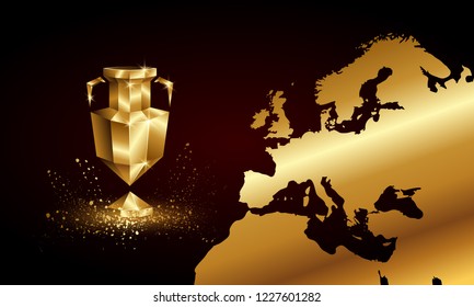 Golden Low Poly Euro Cup Banner. Abstract Polygonal 3D Sports Trophy and Europe Map Background.