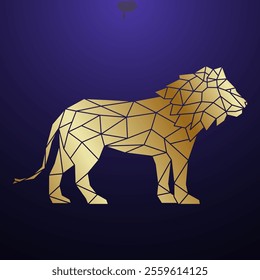 Golden low poly lion on deep blue, symbolizing power and elegance.