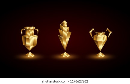 Golden Low Poly Soccer Cups Set. Abstract Polygonal 3D Football Trophy Of Euro, Champions, Nations League.