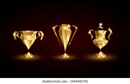 Juego de Copas de Fútbol Golden Low Poly. Trofeo Polígonal 3D abstracto  