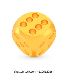 Golden luck dice award concept, shiny photo realistic metallic rounded cube, 3d render with soft shadows and reflections, vector illustration isolated on white background