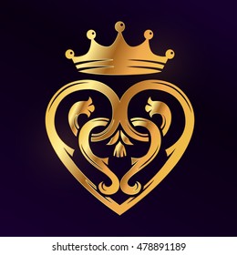 Golden Luckenbooth Brooch Vector Design Element. Vintage Scottish Heart Shape With Crown And Thistle Symbol Logo Concept. Valentine Day Or Wedding Illustration On Dark Background.