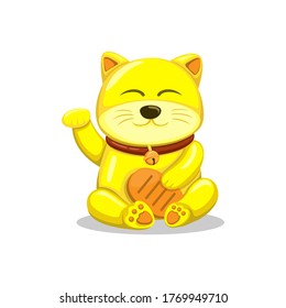 Golden lucky cat aka maneki neko asian traditional fortune mascot cartoon illustration vector on white background