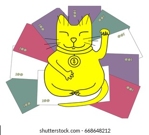 Golden lucky cat sitting on the money. Vector.