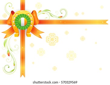 Golden lucky horseshoe corner. Orange ribbon bow decoration. Happy Saint Patrick day banner, isolated white background. Irish flag, shamrock icon, plant frame. Northern Ireland celtic Patrick's poster