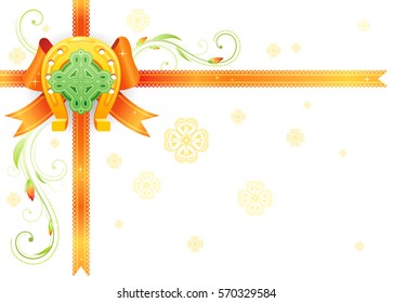 Golden lucky horseshoe corner. Orange ribbon bow decoration. Happy Saint Patrick day banner, isolated background. Irish celtic knot cross, shamrock icon, plant frame. Northern Ireland Patrick's flyer