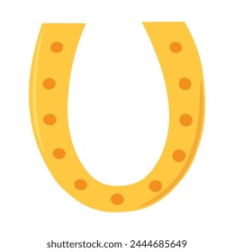 Golden lucky horseshoe. Symbol of good luck, talisman of fortune, Happy Patrick party element. Simple cartoon vector isolated on white background