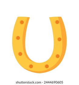 Golden lucky horseshoe. Symbol of good luck, talisman of fortune, Happy Patrick party element. Simple cartoon vector isolated on white background