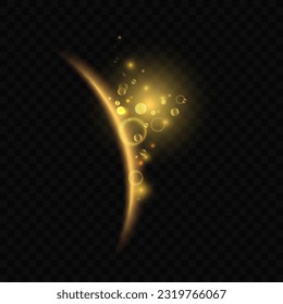 Eclipse luminoso dorado en ilustración vectorial del espacio oscuro. Borde del planeta de curva abstracta con efecto luminoso brillante, destellos de bengala y ráfagas de vigas en órbita desde el sol, explosión mágica en el universo