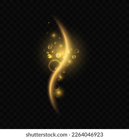Golden luminous frame of curve shape with glowing light effect vector illustration. Abstract magic gold glow of bokeh circles and wave line, glitter and flare of swirl with sparkles and particles