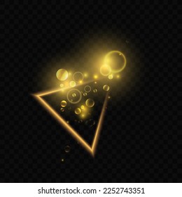 Marco luminoso dorado de forma triangular con ilustración vectorial de efecto luminoso brillante. Resumen de brillo de oro mágico de los círculos bokees, destello de chispas y forma triangular geométrica, geometría en el espacio