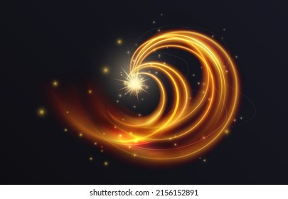 Golden luminous swirl shape, abstract light effect vector illustration. Luxury sparkling neon trail of flying stars, shiny magic swirling gold spirals, sparkle motion on black background