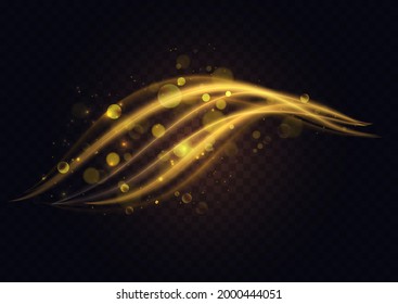 Golden luminous waves shapes and shining particles, abstract light effect vector illustration. Luxury sparkling shiny magic swirl, dynamic wavy gold trails shine on transparent black background