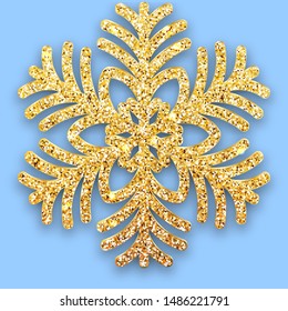 Golden luster textured six-rayed snowflake with shadow on blue background. Christmas for 2020 New Year design. Snow flake Shining particles decor for greeting card or invitation Vector illustration.