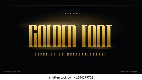 Golden luxurious alphabet. Elite and premium style font for logo, elegant monogrm and decorative lettering. Luxury fracture design, vector typographic design