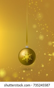Golden luxurious elegant Christmas postcard Design with a snowflake Bauble hanging on a Ribbon with  Copy Space