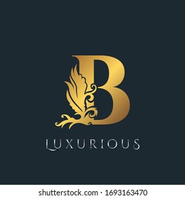Golden Luxurious Initial Letter B Logo, Vector design ornate swirl nature floral concept for luxury brand identity.