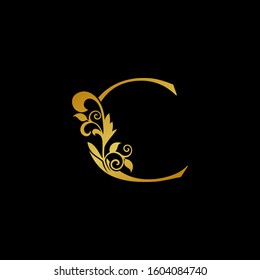 Golden Luxurious Initial Letter C logo icon. Vector design concept  luxury vintage  nature leaves with letter logo  gold color.