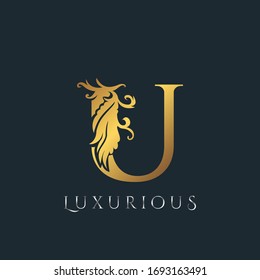 Logotipo Golden Luxurious Initial Letter U, Diseño vectorial ornamentado giratorio concepto floral naturaleza floral para la marca de lujo.