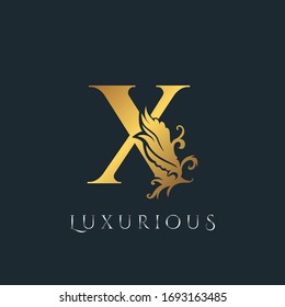 Golden Luxurious Initial Letter X Logo, Vector design ornate swirl nature floral concept for luxury brand identity.