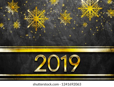 Golden luxury 2019 New Year grunge abstract background with snowflakes. Vector winter holiday greeting card design