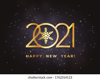 Goldener Luxus 2021 Happy Neujahr elegantes Design auf schwarzem Hintergrund Elegante moderne minimalistische Typografie mit Zahlen. Konzeption. Business Weihnachtshintergrund mit Sternen, Schneeflocken, Schnee.