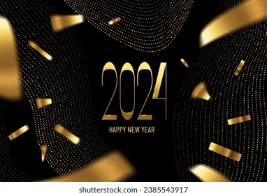 Lujo dorado 2024 Feliz Año Nuevo diseño elegante sobre fondo negro Elegante tipografía minimalista moderna con números. Diseño conceptual. Antecedentes de Navidad de negocios con estrellas, confeti.