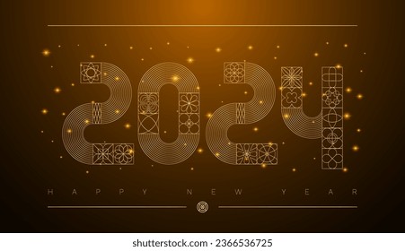 Golden luxury 2024 modern geometric New Year card. Grid based design. Memphis style typeface. Minimalistic square shape decor. Bauhaus calendar header. Contemporary trendy flat vector illustration.