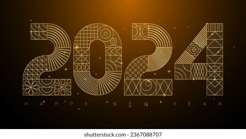 Golden luxury 2024 modern geometric New Year card. Grid based design. Memphis style typeface. Minimalistic square shape decor. Bauhaus calendar header. Contemporary trendy flat vector illustration.