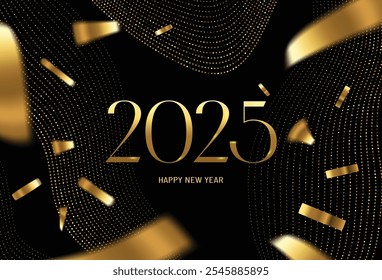 Lujo dorado 2025 Feliz año Nuevo Diseño elegante sobre fondo negro Tipografía minimalista moderna elegante con números. Concepto de diseño. Fondo de Navidades de negocios con estrellas, confeti.