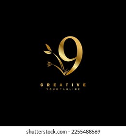 golden luxury 9 logo design with beautiful floral and leaf ornament decoration.number 9 logo. monogram 9 typography. feather logo