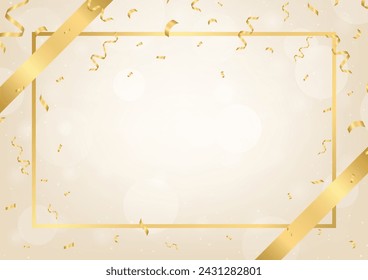 Fondo abstracto de lujo dorado con cinta y confeti. Tarjeta de invitación. Ilustración vectorial. 